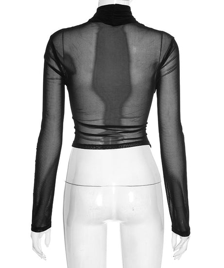 Siren Black Mesh Criss-Cross High Neck Crop Top - Edgy Fall & Halloween Party Style