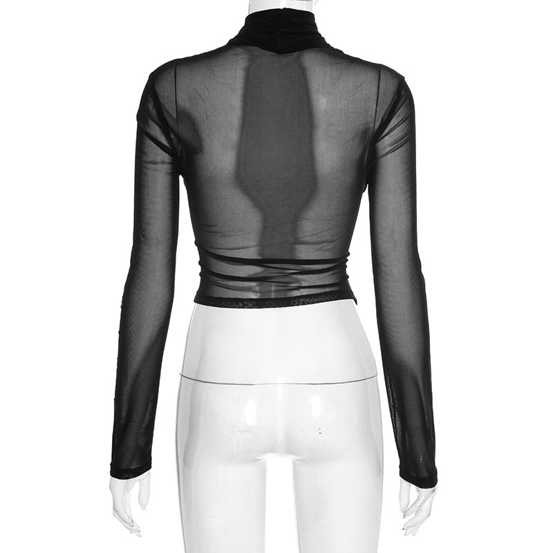 Siren Black Mesh Criss-Cross High Neck Crop Top - Edgy Fall & Halloween Party Style