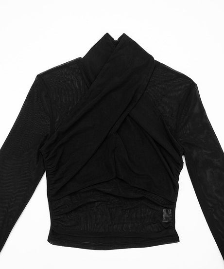 Siren Black Mesh Criss-Cross High Neck Crop Top - Edgy Fall & Halloween Party Style