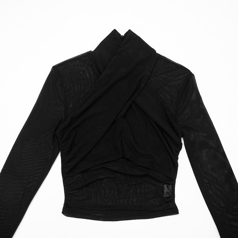 Siren Black Mesh Criss-Cross High Neck Crop Top - Edgy Fall & Halloween Party Style