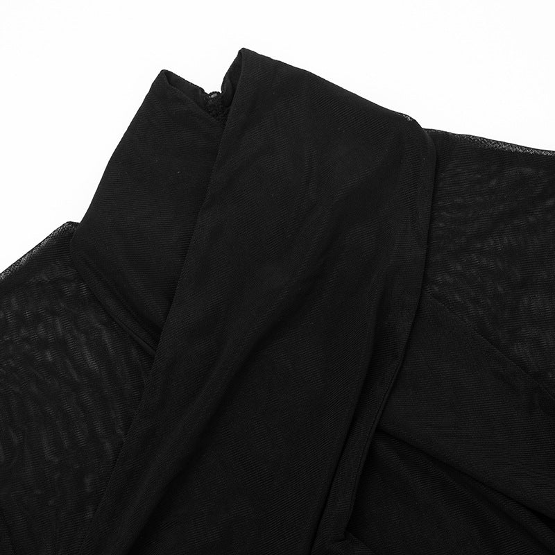 Siren Black Mesh Criss-Cross High Neck Crop Top - Edgy Fall & Halloween Party Style