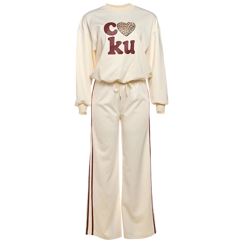 Cozy Fall Chic: Leopard Heart Graphic Sweatshirt & Wide-Leg Lounge Set for Women