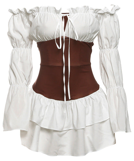 Enchanting Fall Renaissance Off-Shoulder Corset Mini Dress - Bell Sleeve Peasant Style for Halloween