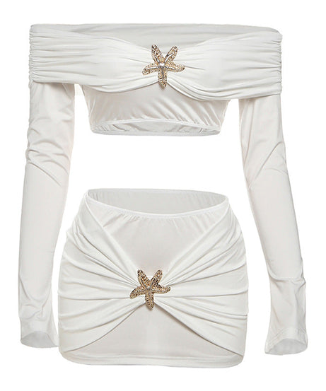 Starfish Siren White Resort Set: Off-Shoulder Long Sleeve Crop Top & Ruched Mini Skirt for Tropical Getaways