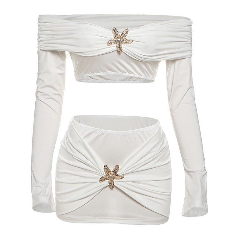 Starfish Siren White Resort Set: Off-Shoulder Long Sleeve Crop Top & Ruched Mini Skirt for Tropical Getaways