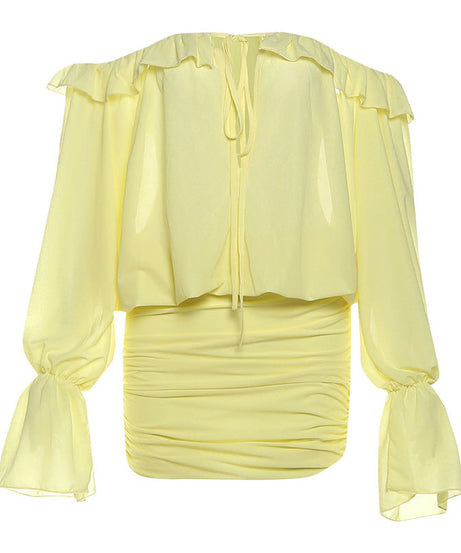 Golden Hour Glow Off-Shoulder Ruched Mini Dress - Long Sleeve & Self-Tie