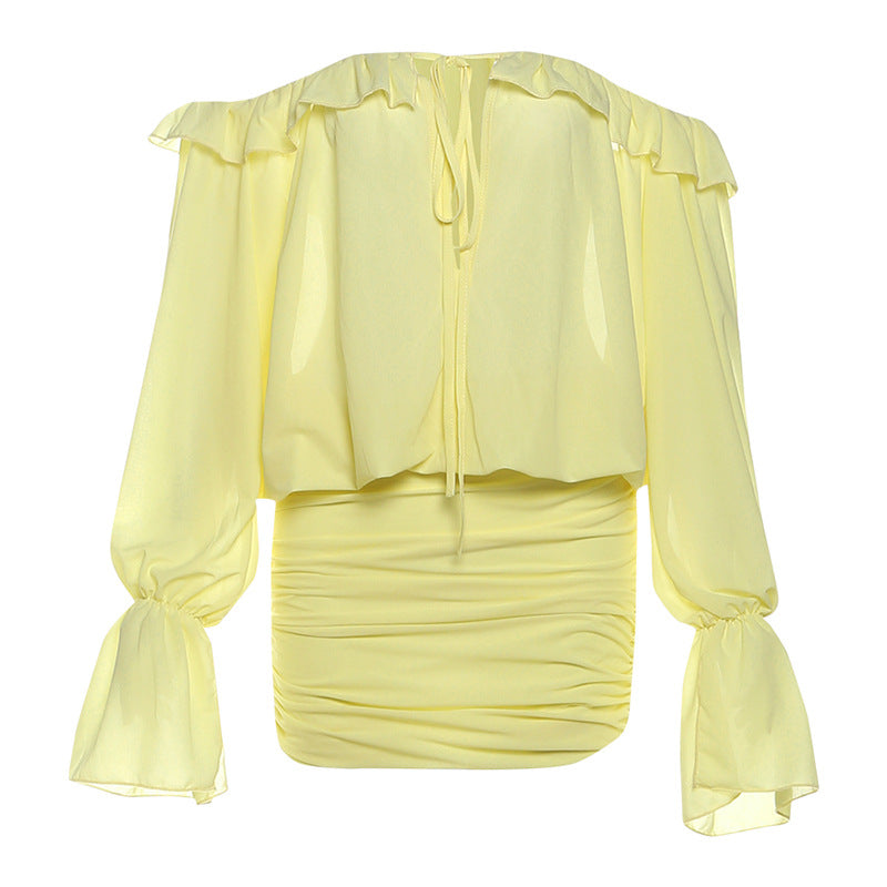 Golden Hour Glow Off-Shoulder Ruched Mini Dress - Long Sleeve & Self-Tie