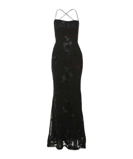 Black Elegance Floral Mesh Cross-Back Maxi Gown | The Ultimate Statement for Holiday Parties & NYE