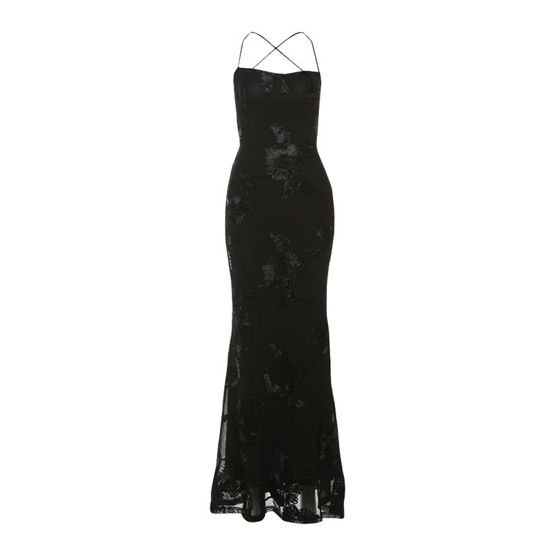 Black Elegance Floral Mesh Cross-Back Maxi Gown | The Ultimate Statement for Holiday Parties & NYE