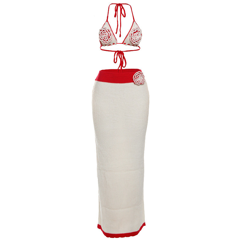 Romantic Crochet Rose Knit Set | Halter Top & Ribbed Maxi Skirt | Boho Chic 2-Piece for Fall Escapes