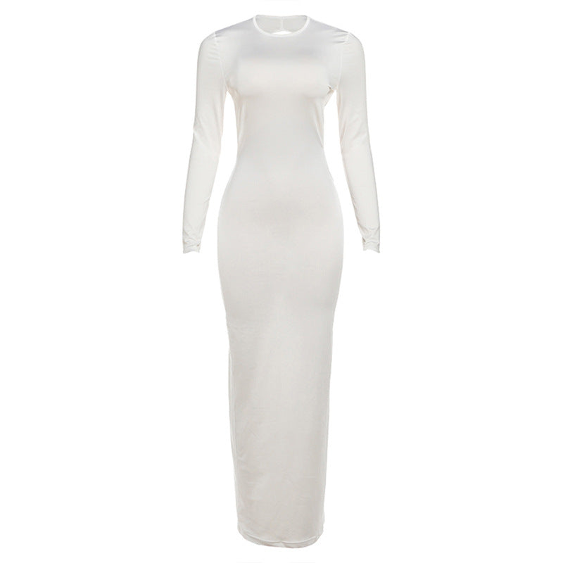 Sleek White Long Sleeve Backless Maxi Dress - Fall & Winter's Essential Chic Statement