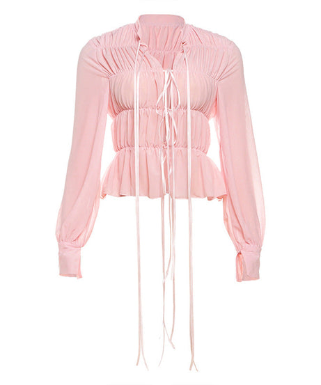 Effortlessly Chic Blush Pink Ruched Tie-Front Peplum Blouse - Perfect for Fall