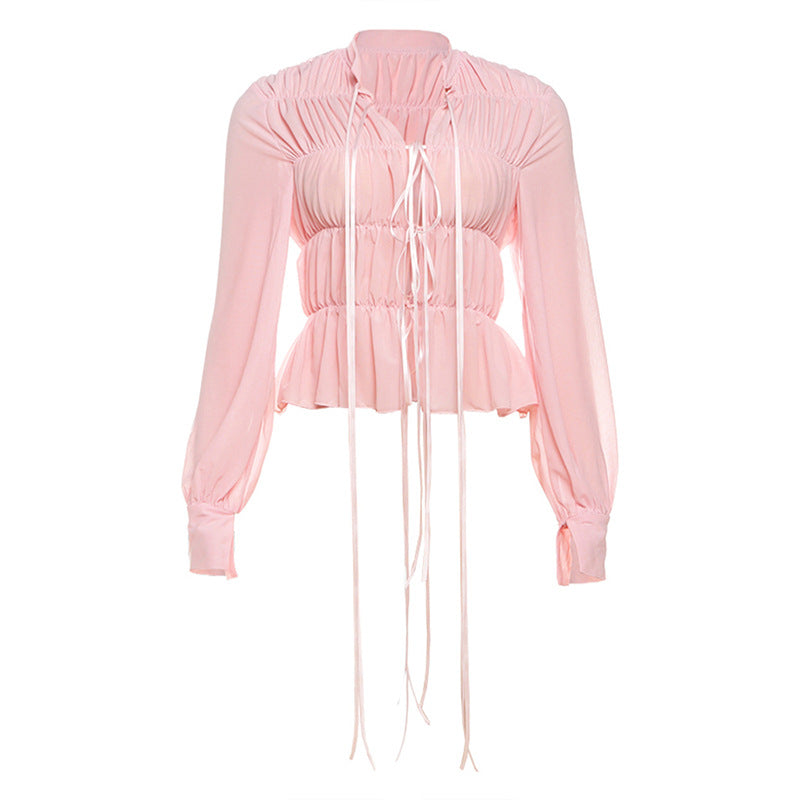 Effortlessly Chic Blush Pink Ruched Tie-Front Peplum Blouse - Perfect for Fall