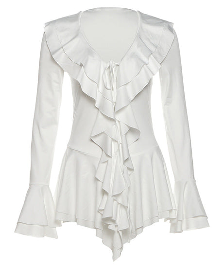 Romantic Ruffle V-Neck Bell Sleeve Tunic Dress | Chic White Fall & Holiday Top