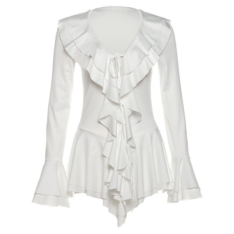 Romantic Ruffle V-Neck Bell Sleeve Tunic Dress | Chic White Fall & Holiday Top