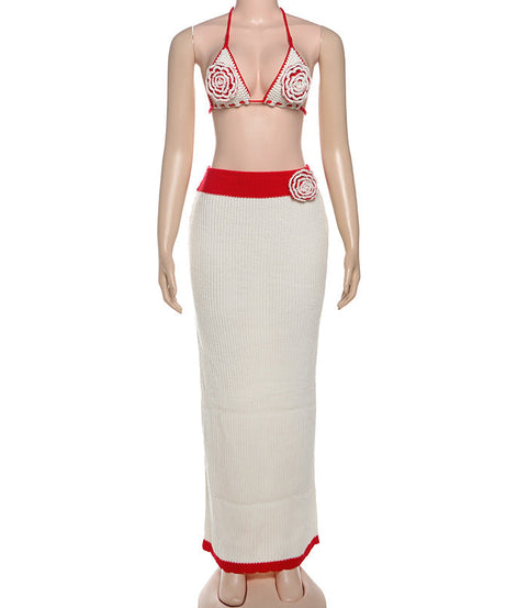 Romantic Crochet Rose Knit Set | Halter Top & Ribbed Maxi Skirt | Boho Chic 2-Piece for Fall Escapes