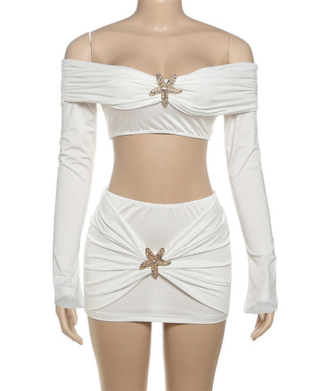 Starfish Siren White Resort Set: Off-Shoulder Long Sleeve Crop Top & Ruched Mini Skirt for Tropical Getaways