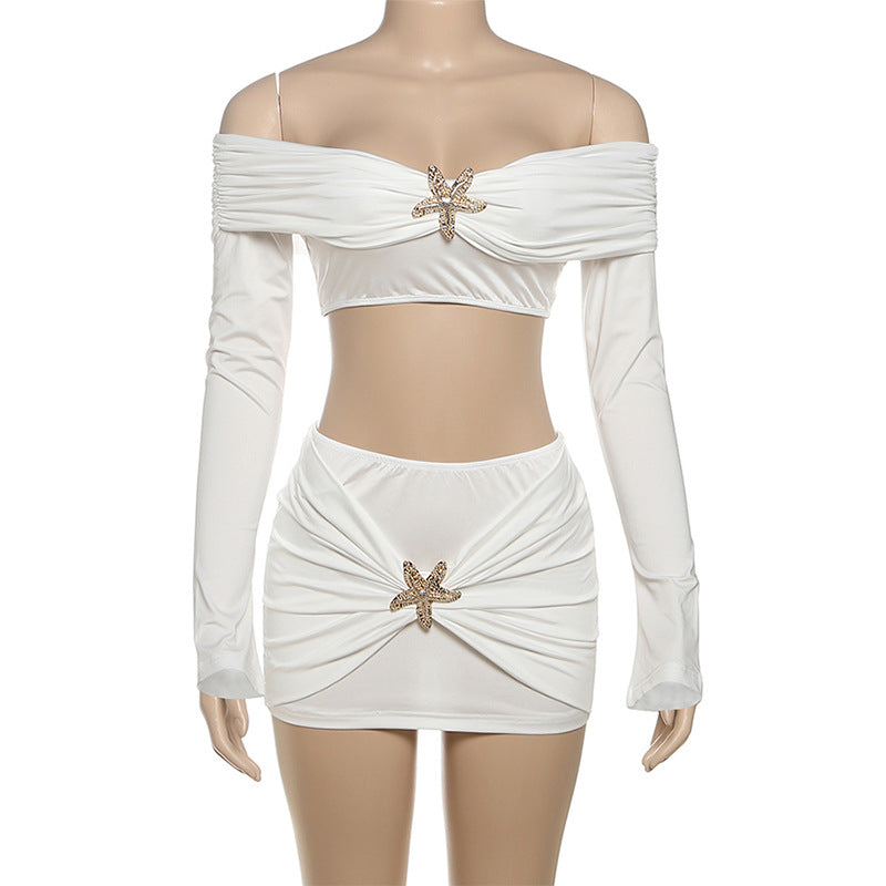 Starfish Siren White Resort Set: Off-Shoulder Long Sleeve Crop Top & Ruched Mini Skirt for Tropical Getaways
