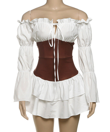 Enchanting Fall Renaissance Off-Shoulder Corset Mini Dress - Bell Sleeve Peasant Style for Halloween
