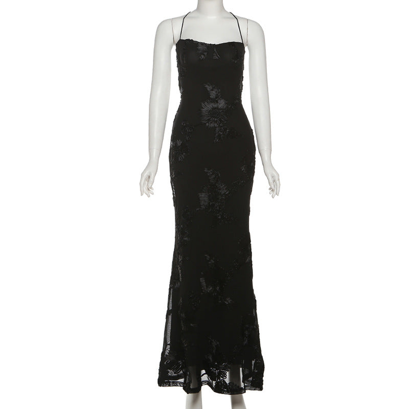 Black Elegance Floral Mesh Cross-Back Maxi Gown | The Ultimate Statement for Holiday Parties & NYE