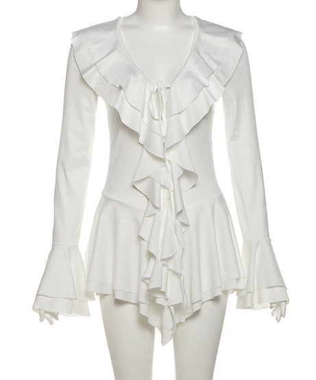 Romantic Ruffle V-Neck Bell Sleeve Tunic Dress | Chic White Fall & Holiday Top