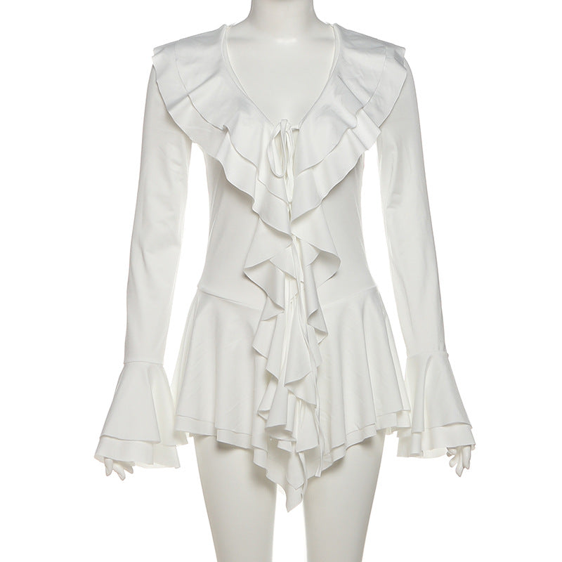 Romantic Ruffle V-Neck Bell Sleeve Tunic Dress | Chic White Fall & Holiday Top