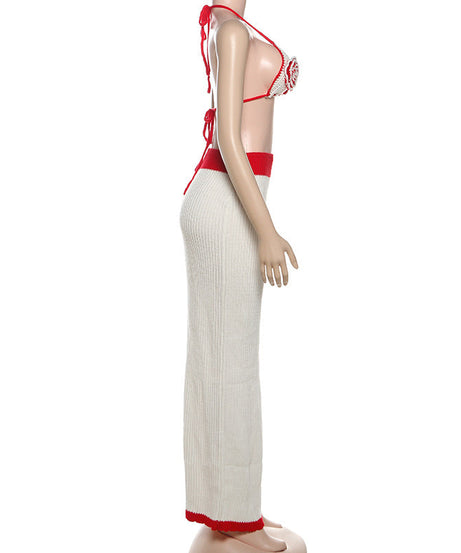 Romantic Crochet Rose Knit Set | Halter Top & Ribbed Maxi Skirt | Boho Chic 2-Piece for Fall Escapes