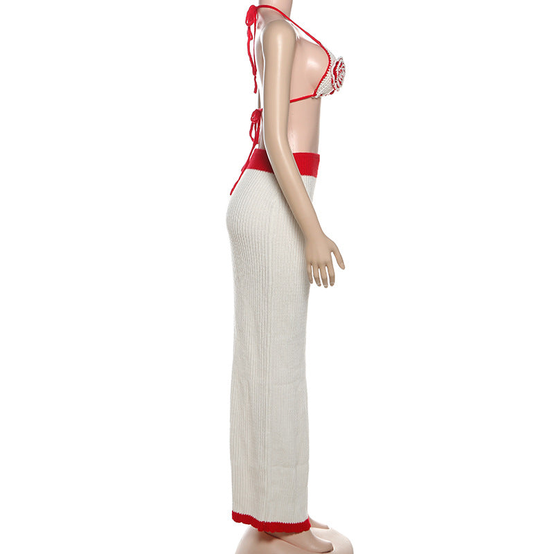 Romantic Crochet Rose Knit Set | Halter Top & Ribbed Maxi Skirt | Boho Chic 2-Piece for Fall Escapes