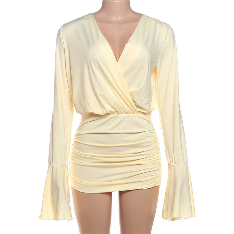 Flattering Ruched V-Neck Mini Dress with Bell Sleeves - Your Fall & Holiday Go-To