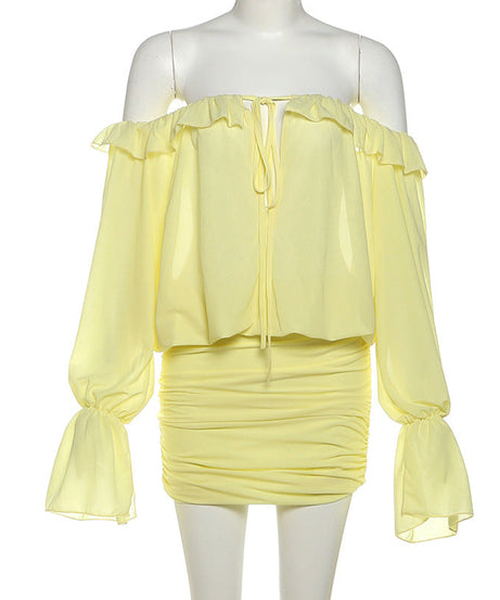 Golden Hour Glow Off-Shoulder Ruched Mini Dress - Long Sleeve & Self-Tie