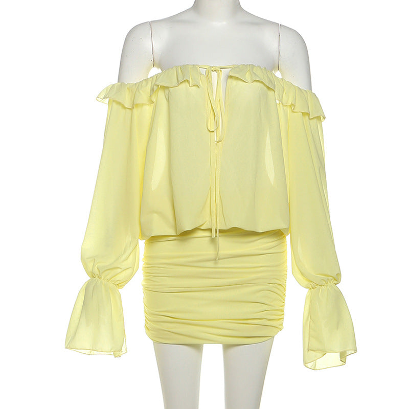 Golden Hour Glow Off-Shoulder Ruched Mini Dress - Long Sleeve & Self-Tie