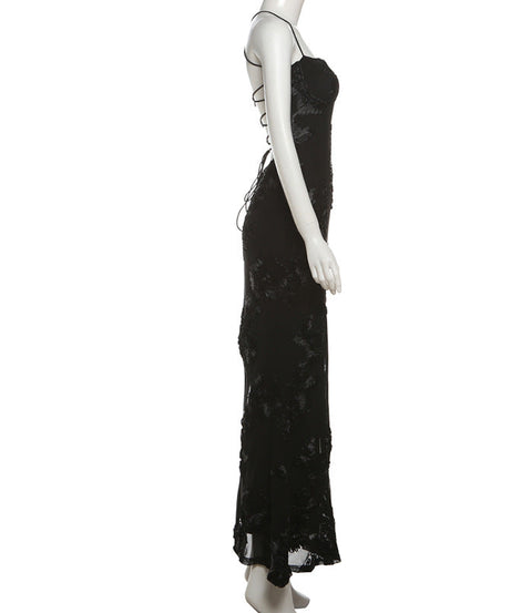 Black Elegance Floral Mesh Cross-Back Maxi Gown | The Ultimate Statement for Holiday Parties & NYE