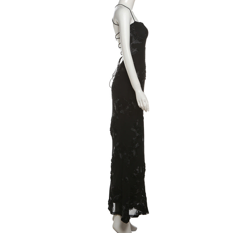 Black Elegance Floral Mesh Cross-Back Maxi Gown | The Ultimate Statement for Holiday Parties & NYE