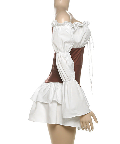 Enchanting Fall Renaissance Off-Shoulder Corset Mini Dress - Bell Sleeve Peasant Style for Halloween