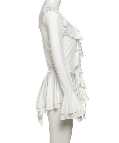 Romantic Ruffle V-Neck Bell Sleeve Tunic Dress | Chic White Fall & Holiday Top