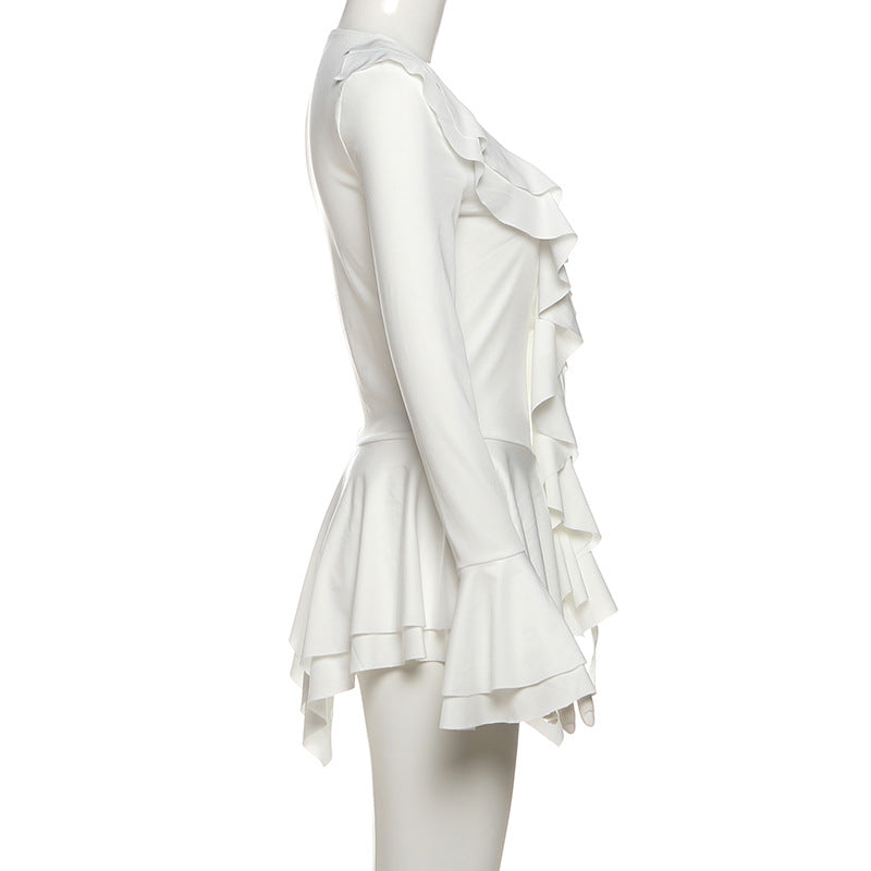 Romantic Ruffle V-Neck Bell Sleeve Tunic Dress | Chic White Fall & Holiday Top