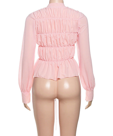 Effortlessly Chic Blush Pink Ruched Tie-Front Peplum Blouse - Perfect for Fall