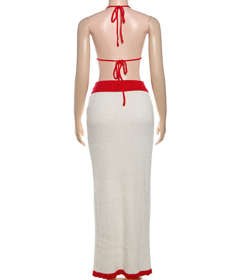 Romantic Crochet Rose Knit Set | Halter Top & Ribbed Maxi Skirt | Boho Chic 2-Piece for Fall Escapes