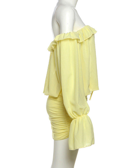Golden Hour Glow Off-Shoulder Ruched Mini Dress - Long Sleeve & Self-Tie