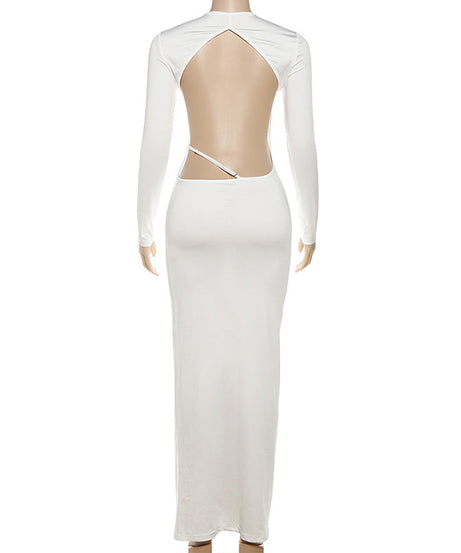 Sleek White Long Sleeve Backless Maxi Dress - Fall & Winter's Essential Chic Statement