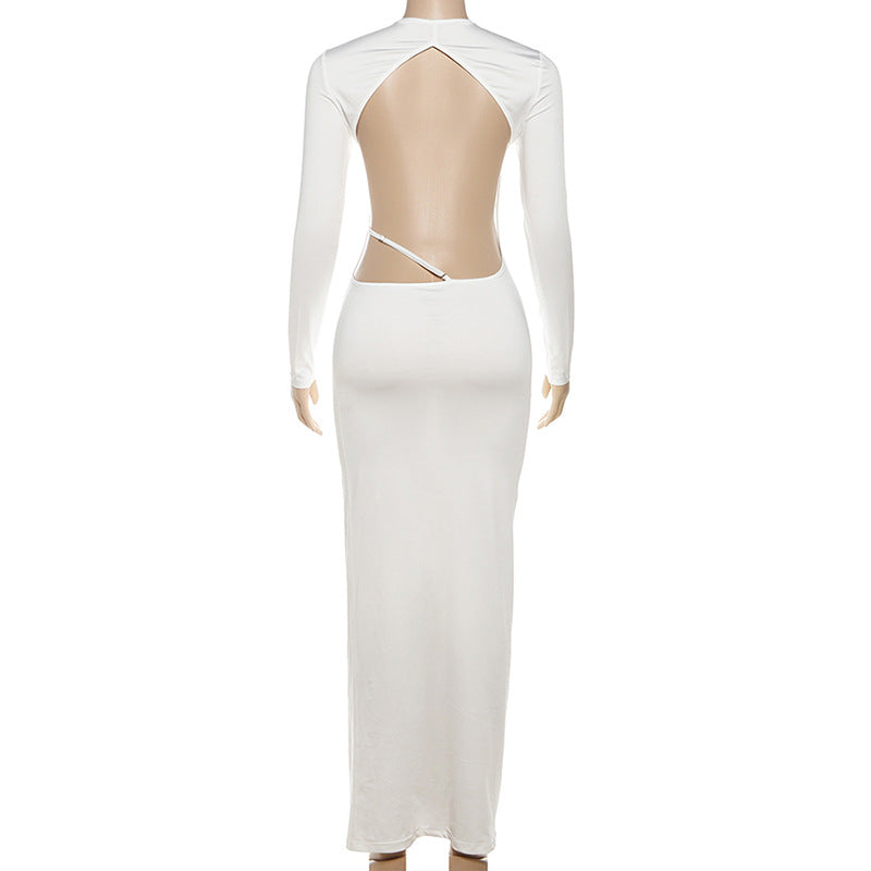 Sleek White Long Sleeve Backless Maxi Dress - Fall & Winter's Essential Chic Statement