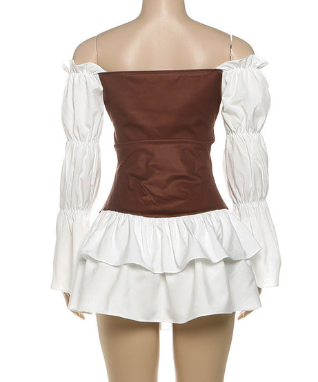 Enchanting Fall Renaissance Off-Shoulder Corset Mini Dress - Bell Sleeve Peasant Style for Halloween