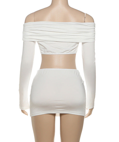 Starfish Siren White Resort Set: Off-Shoulder Long Sleeve Crop Top & Ruched Mini Skirt for Tropical Getaways