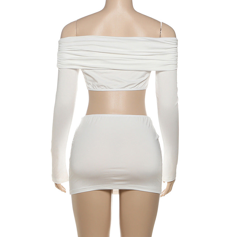 Starfish Siren White Resort Set: Off-Shoulder Long Sleeve Crop Top & Ruched Mini Skirt for Tropical Getaways