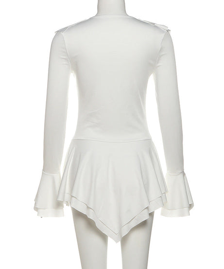 Romantic Ruffle V-Neck Bell Sleeve Tunic Dress | Chic White Fall & Holiday Top