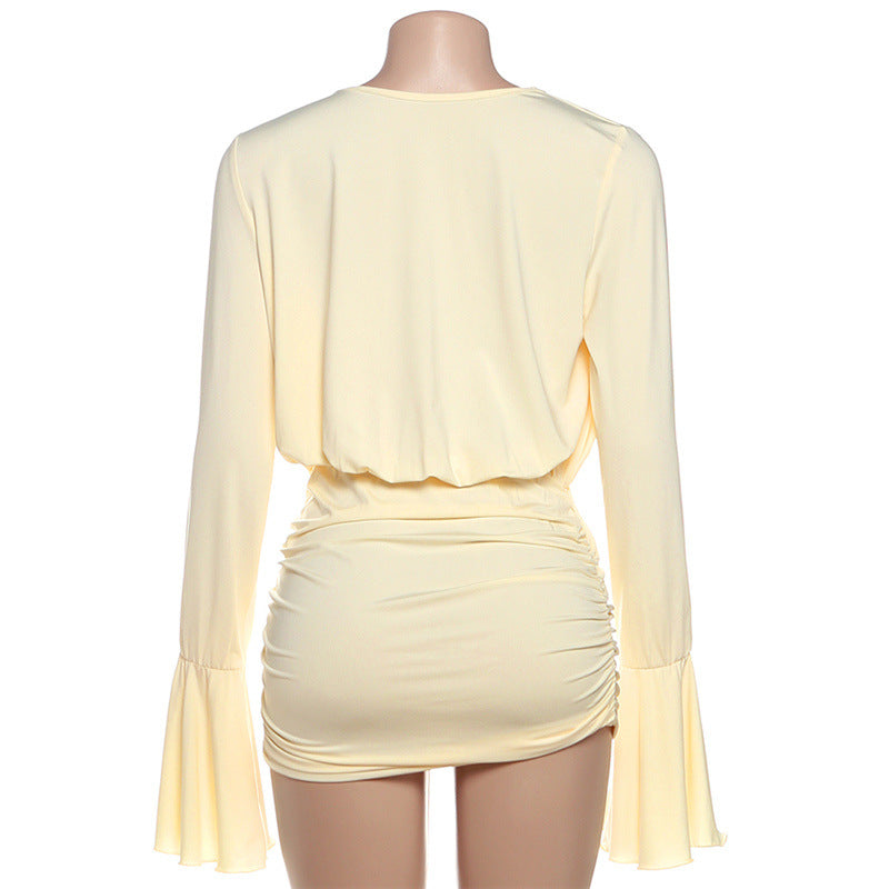 Flattering Ruched V-Neck Mini Dress with Bell Sleeves - Your Fall & Holiday Go-To