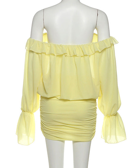 Golden Hour Glow Off-Shoulder Ruched Mini Dress - Long Sleeve & Self-Tie