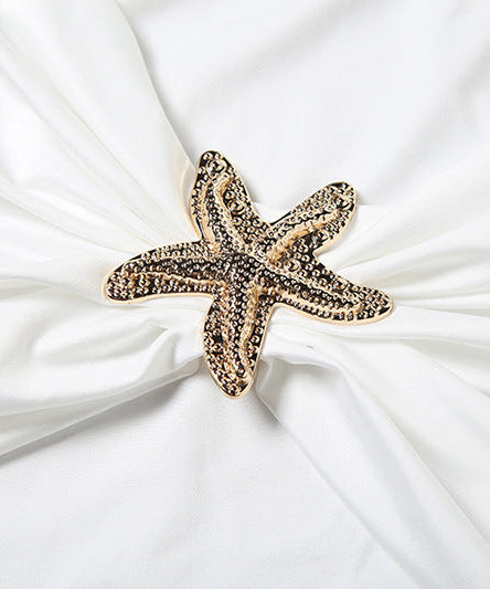 Starfish Siren White Resort Set: Off-Shoulder Long Sleeve Crop Top & Ruched Mini Skirt for Tropical Getaways