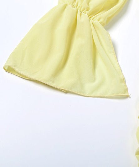 Golden Hour Glow Off-Shoulder Ruched Mini Dress - Long Sleeve & Self-Tie