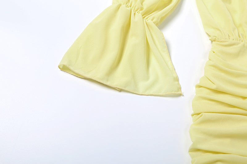 Golden Hour Glow Off-Shoulder Ruched Mini Dress - Long Sleeve & Self-Tie